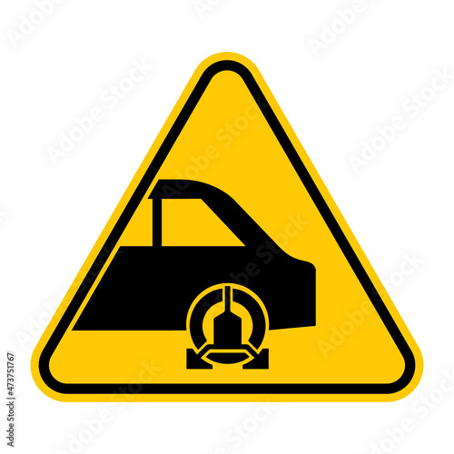 Wheel clamp warning sign. Vector illustration of yellow triangle sign with wheel lock icon inside. Do not park. Clamping zone symbol. Caution illegal parking will be penalized. 