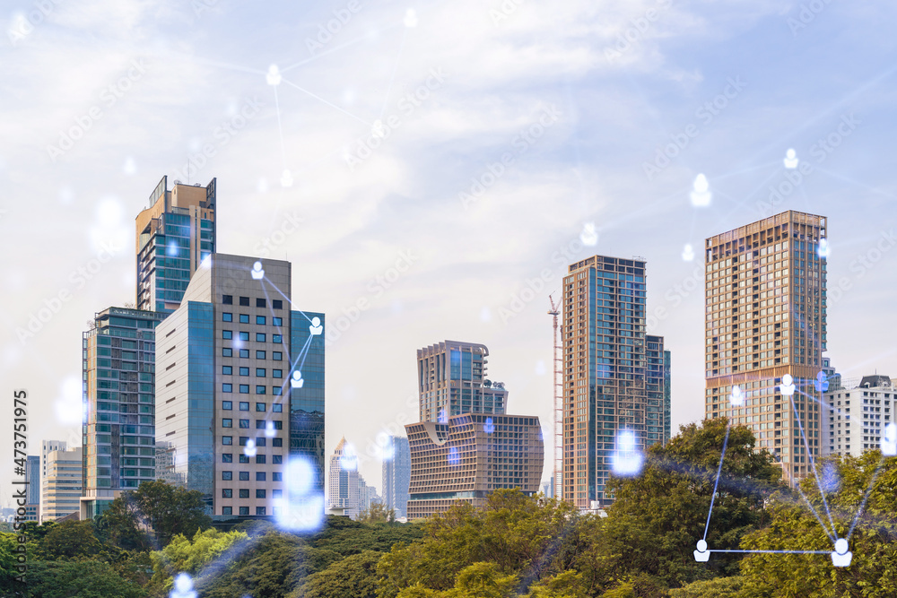 Fototapeta premium Social media icons hologram over panorama city view of Bangkok, Southeast Asia. The concept of people networking, connections and career opportunities. Double exposure.