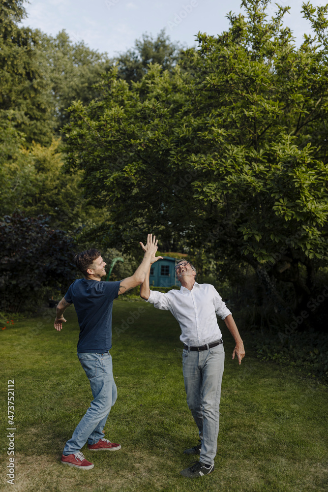 Cheerful father and son doing high-five in back yard Cheerful father and son doing high-five in back yard