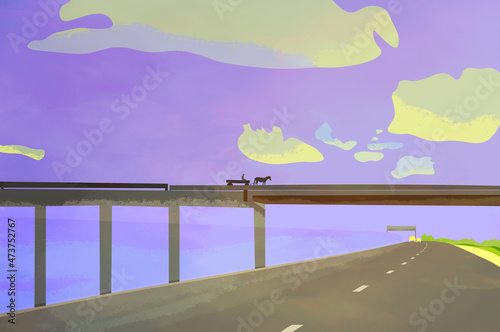 Ilustracja wóz konny na moście nad autostradą wieczorną porą