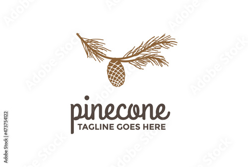 Retro Vintage Pine Cone with Leaf Branch Logo Design Vector