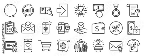 Set of line icons  such as Refresh  Approved mail  Dollar wallet icons. Approved  Medal  Private payment signs. Group  Accounting report  Report. T-shirt design  Certificate  Trophy. Timer. Vector