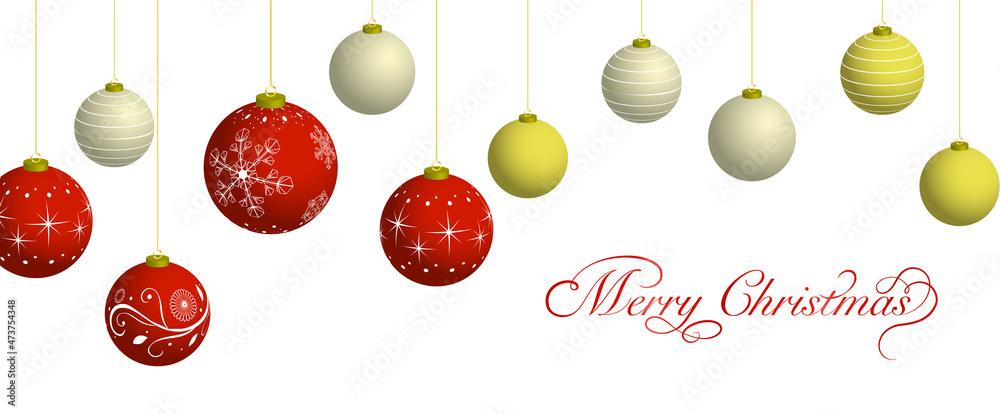 赤と金色のクリスマスボールが白背景に並んだ横長のクリスマスイラスト