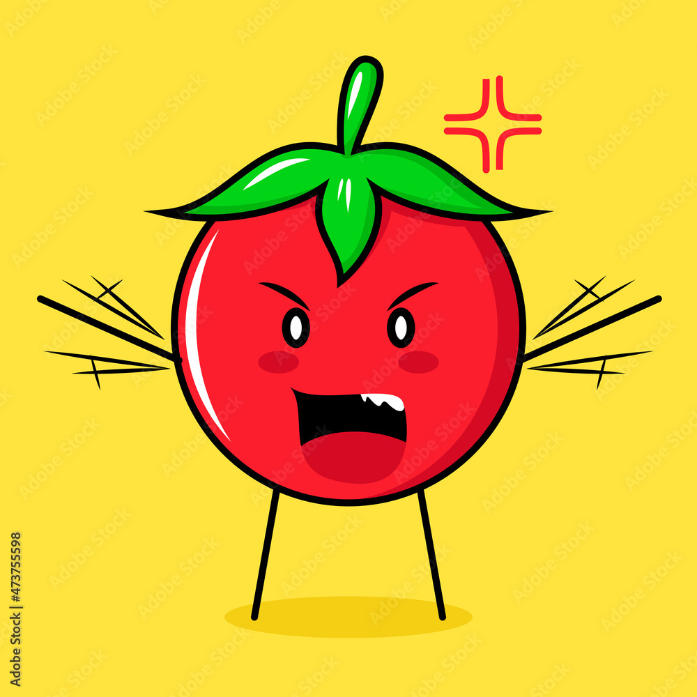Obraz premium cute tomato character with angry expression. green, red and yellow. suitable for emoticon, logo, mascot. both hands raised and mouth open