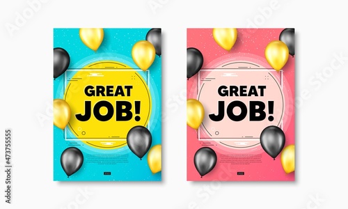 Great job text. Flyer posters with realistic balloons cover. Recruitment agency sign. Hire employees symbol. Great job text frame poster banners. Balloons cover. Vector