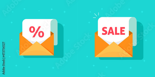 Email sale promotion in envelope letter vector icon or discount off online mail marketing message announcement received flat cartoon illustration, idea of coupon code in sms