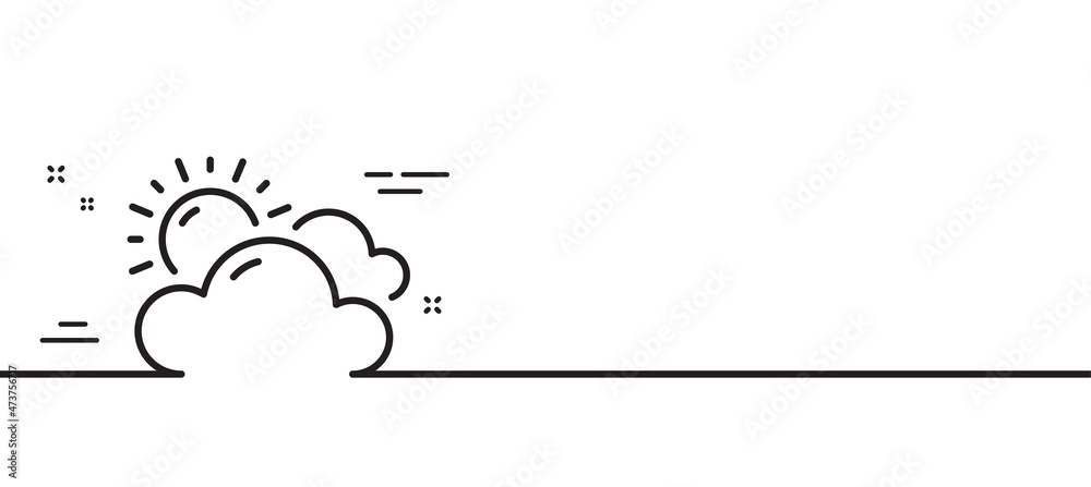 Sunny weather forecast line icon. Clouds with sun sign. Cloudy sky symbol. Minimal line illustration background. Sunny weather line icon pattern banner. White web template concept. Vector Sunny weather forecast line icon. Clouds with sun sign. Cloudy sky symbol. Minimal line illustration background. Sunny weather line icon pattern banner. White web template concept. Vector
