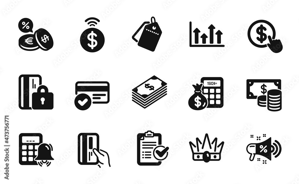 Vector set of Buy currency, Finance calculator and Calculator alarm icons simple set. Blocked card, Sale tags and Contactless payment icons. Buy currency simple web symbol. Vector Vector set of Buy currency, Finance calculator and Calculator alarm icons simple set. Blocked card, Sale tags and Contactless payment icons. Buy currency simple web symbol. Vector