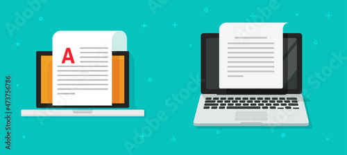 Blog text article document on computer screen icons vector or copy writing and creating media content on laptop flat cartoon illustration, digital internet online paperwork modern design