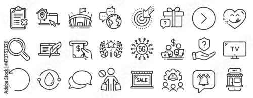 Set of Business icons, such as Recovery data, Protection shield, Notification bubble icons. Targeting, Research, Sale signs. 5g technology, Marketplace, Tv. Forward, Engineering team. Vector