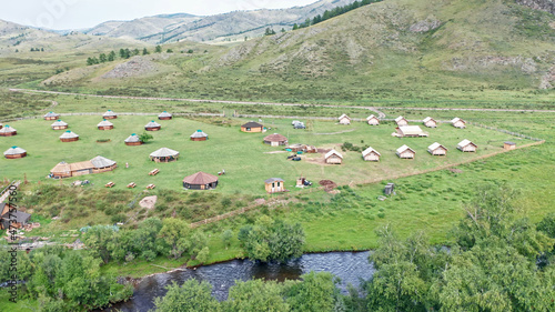 Wooden yurts, village of nomads, Khakass national museum-reserve Kazanovka, Siberia, Khakassia, Russia
