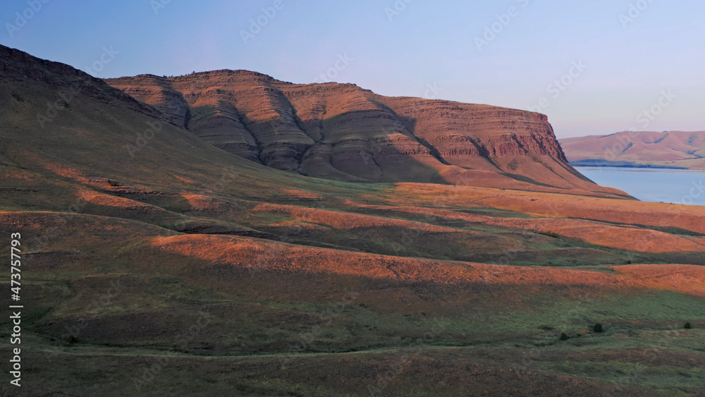 Oglakhty Reserve, Khakassia, beautiful landscape with sunset, aerial view, drone, Russia