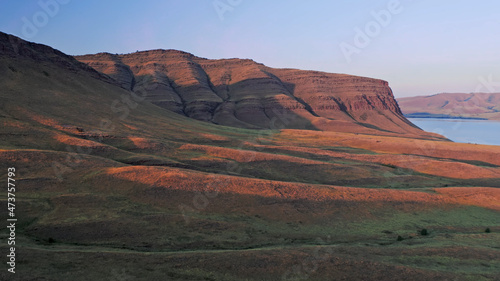 Oglakhty Reserve, Khakassia, beautiful landscape with sunset, aerial view, drone, Russia
