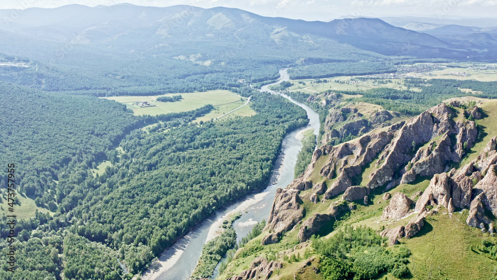 Beautiful panorama of mountains, mountain river, Nature of Russia, Taiga, Trail of the Ancestors, Yenisei river, Khakassia, Russia