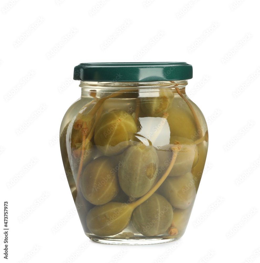 Capers in glass jar isolated on white Capers in glass jar isolated on white