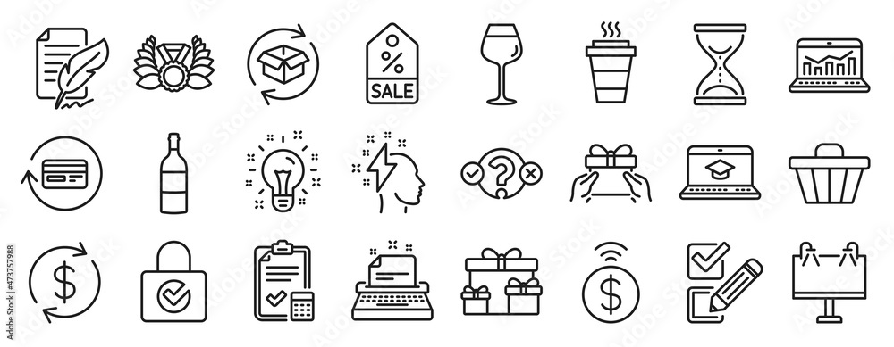 Set of line icons, such as Wine bottle, Shop cart, Laureate medal icons. Idea, Refund commission, Give present signs. Usd exchange, Web analytics, Quiz test. Bordeaux glass, Checkbox. Vector