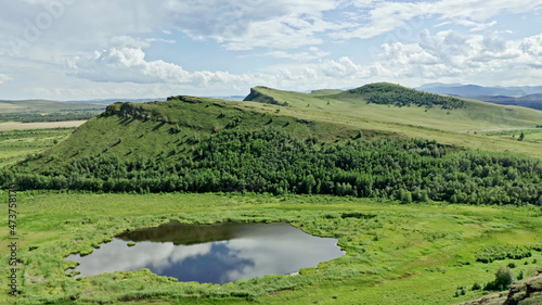 Beautiful panorama of mountains, mountain river, Nature of Russia, Taiga, Sunduki, Yenisei river, Khakassia, Russia