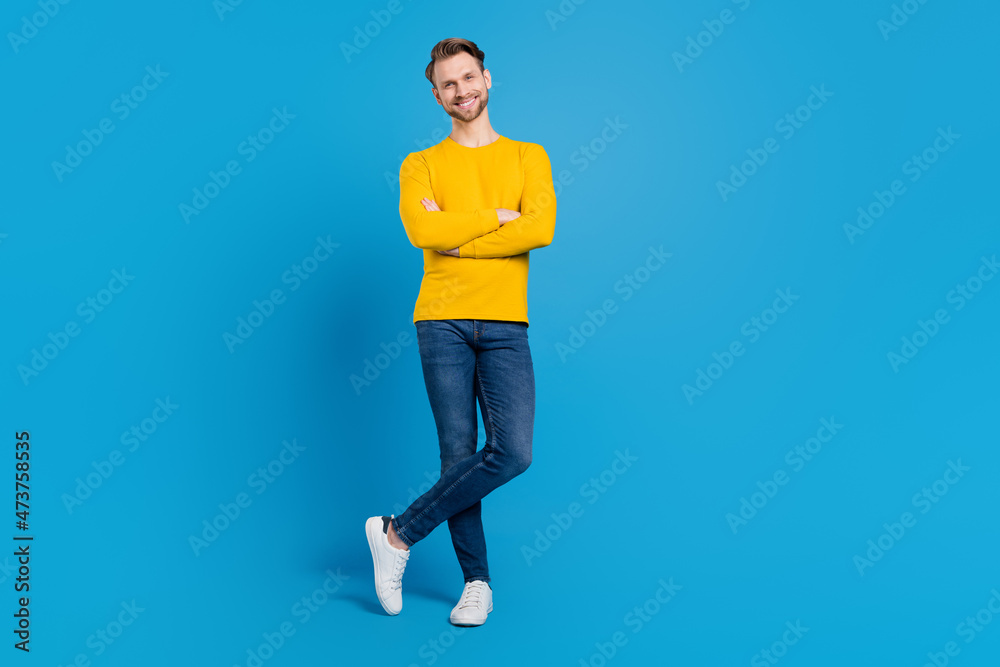 Full length body size of businessman confident smiling happy crossed hands stylish outfit isolated bright blue color background