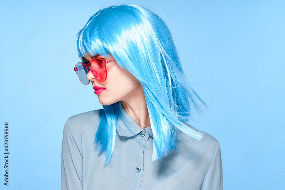 cheerful glamorous woman in pink glasses purple wig fashion cheerful glamorous woman in pink glasses purple wig fashion