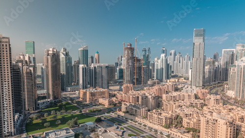 Dubai's business bay towers aerial morning timelapse. Rooftop view of some skyscrapers © neiezhmakov