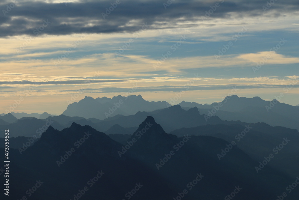 Mountains of the Swiss Alps at sunrise.