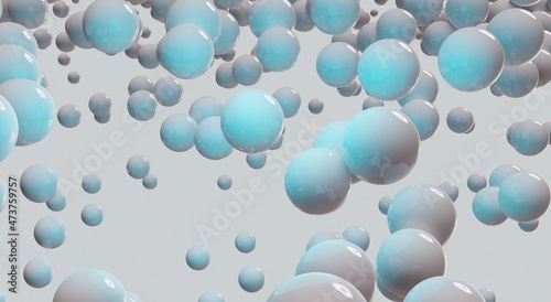 White glossy bubbles with blue lights abstract 3d render illustration