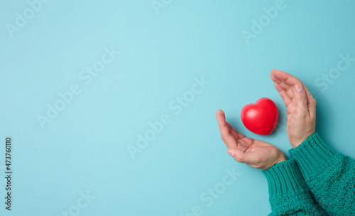 female hands holds red heart, blue background. Love and donation concept, copy space