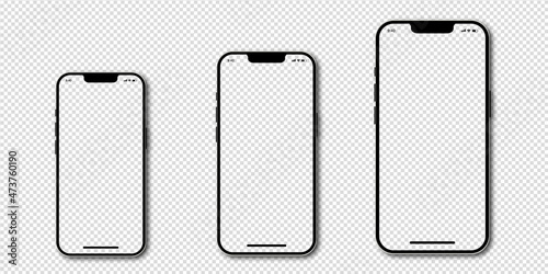 Realistic models of smartphones with transparent screens. Modern popular phones. Front view of the device. Smartphone mockup collection. Mobile phone with shadow on a transparent background.