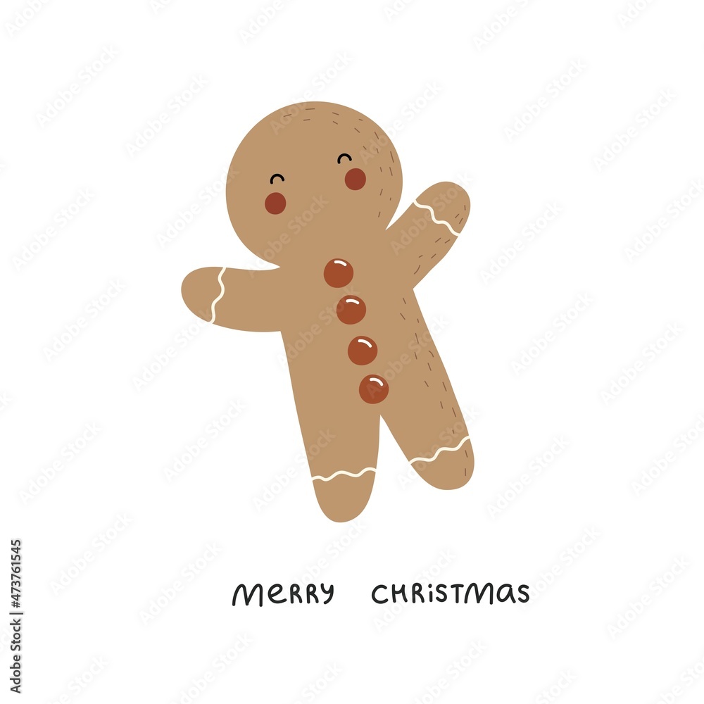 Obraz premium Merry Christmas. Cartoon gingerbread man, hand drawing lettering. holiday theme. Colorful vector illustration, flat style. design for greeting cards, print, poster