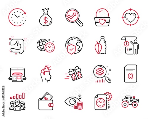 Vector Set of Business icons related to Search statistics, Delete file and Like icons. Water bottle, Teamwork results and Money bag signs. Brand ambassador, Wallet and Manual doc. Tractor. Vector