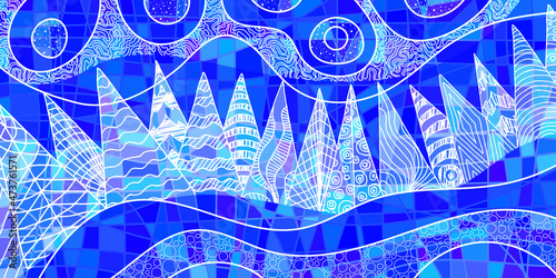 Abstract vector illustration. Stylization of a winter landscape: snowdrifts, trees, sky. Original textures.	