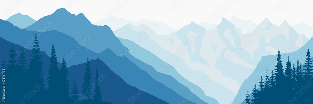 Vector illustration of mountains, ridge in the morning haze, panoramic view	
