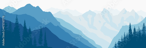 Vector illustration of mountains, ridge in the morning haze, panoramic view	
