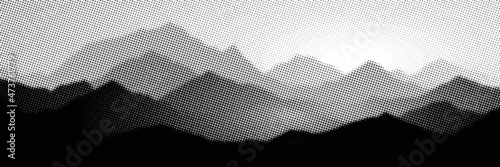 Vector halftone dots background, fading dot effect. Imitation of a mountain landscape, banner, shades of gray.	