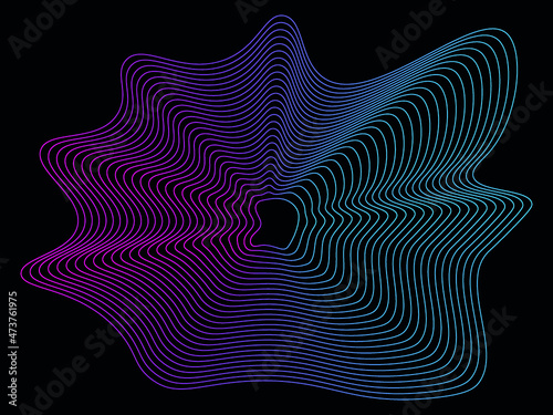 Abstract wavy curvey lines, irregular neon gradient colorful shape. Dark moody, technology background. Tech concept.