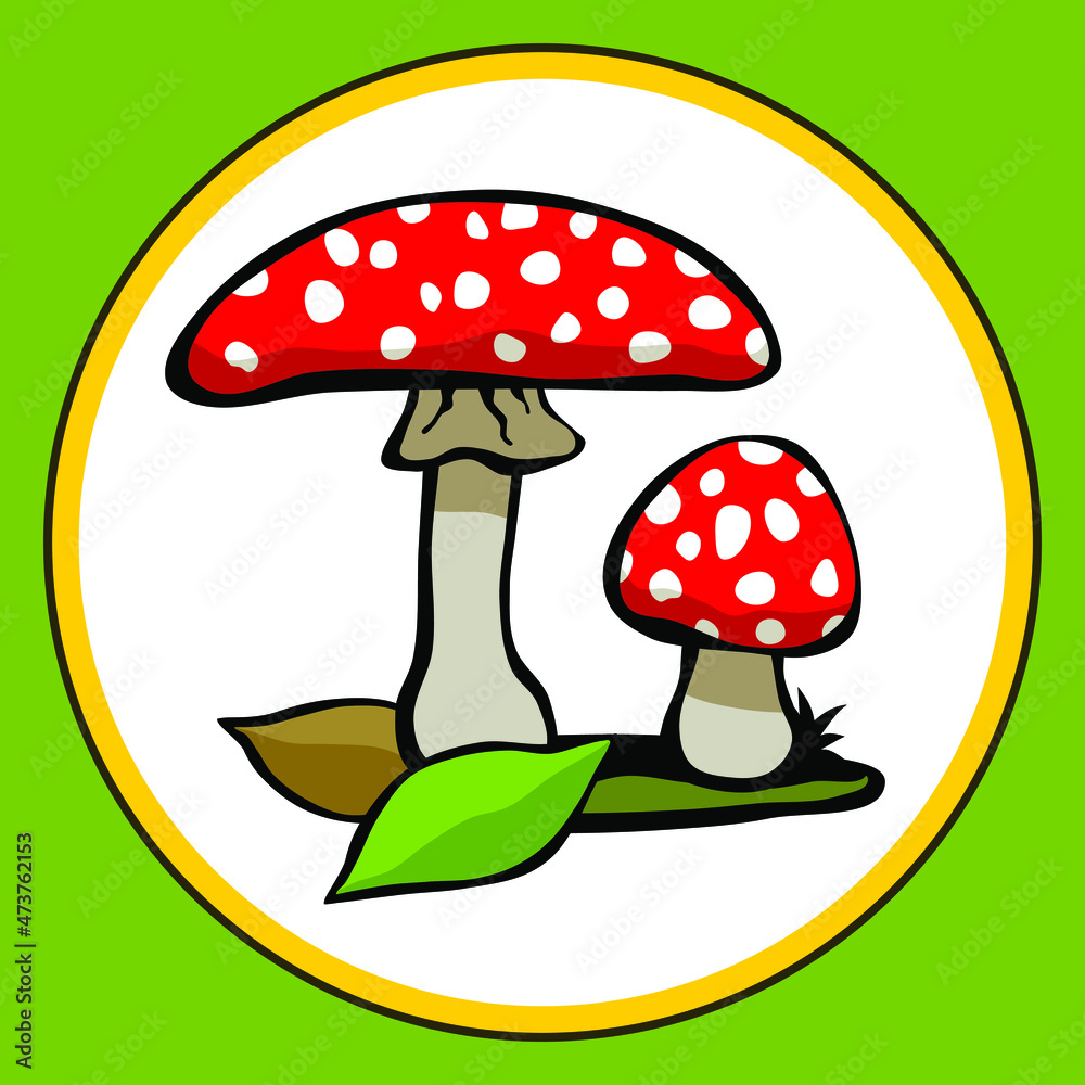 Drawn red amanita mushrooms with leaf. Vector illustration.
