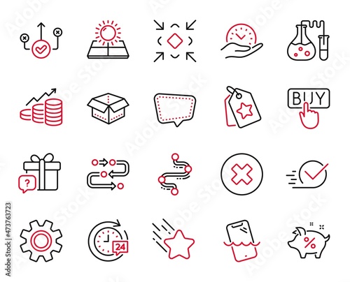 Vector Set of Technology icons related to Timeline, Falling star and Open box icons. Close button, Service and Loan percent signs. Methodology, Sun energy and Chat message. Correct way. Vector