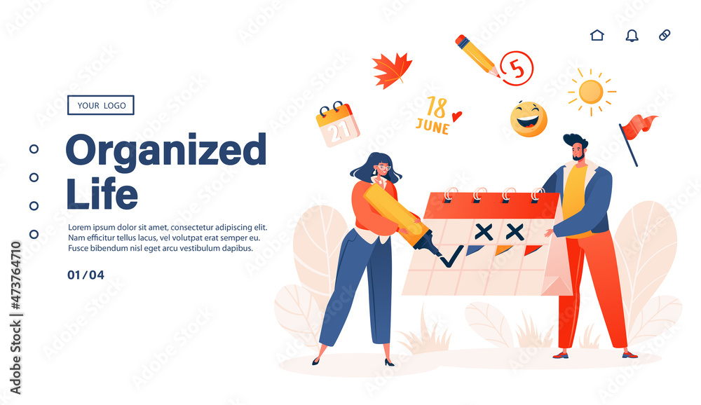 Naklejka premium Calendar, schedule reminder landing page template. Male and female character scheduling life events, meetings, work projects with calendar on digital smartphone device. Cartoon vector illustration.