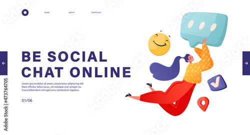 Concept of landing page on social media theme. Vector illustration for mobile website development and web page design. Vector illustration with character flying in the air, holding onto the chat icon.