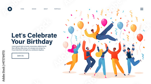 Landing page concept with birthday party theme. People celebrate reaching victory. Birthday celebration with friends. Flat cartoon style vector characters of men and women tossing man in air. 