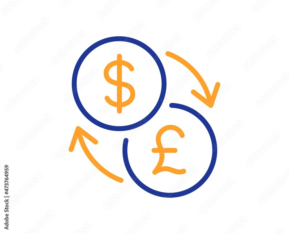 Currency exchange line icon. Dollar to Pound money sign. Convert currency symbol. Colorful thin line outline concept. Linear style currency exchange icon. Editable stroke. Vector Currency exchange line icon. Dollar to Pound money sign. Convert currency symbol. Colorful thin line outline concept. Linear style currency exchange icon. Editable stroke. Vector
