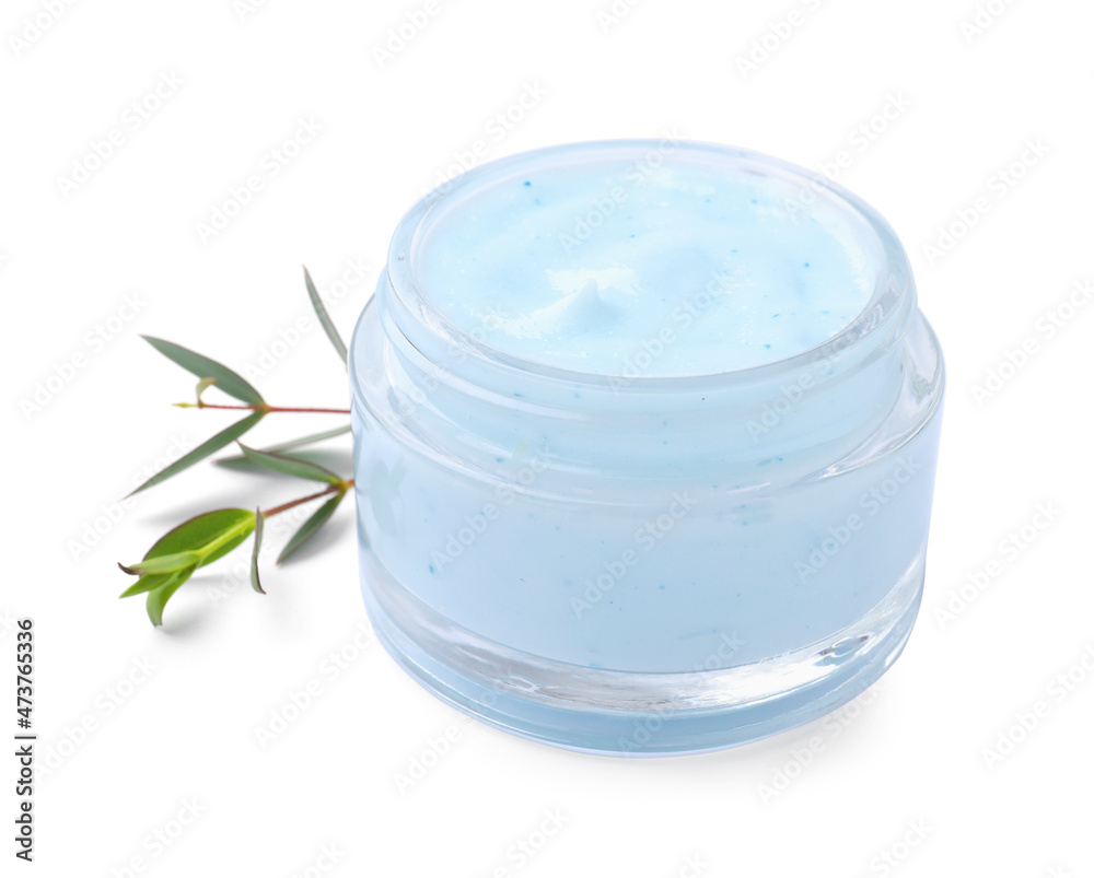 Jar of body cream with eucalyptus on white background Jar of body cream with eucalyptus on white background