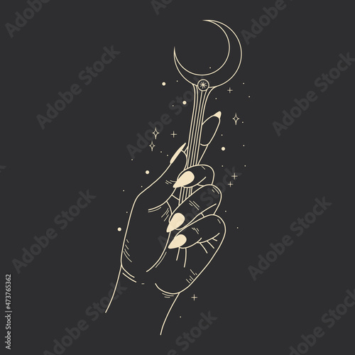 linear illustration of a female hand. witch's hand with tarot cards, magic divination ritual