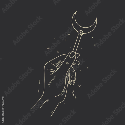 linear illustration of a female hand. witch's hand with tarot cards, magic divination ritual