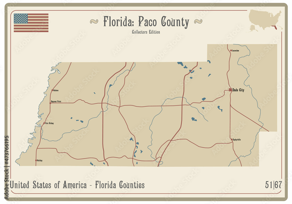 Map on an old playing card of Paco county in Florida, USA.