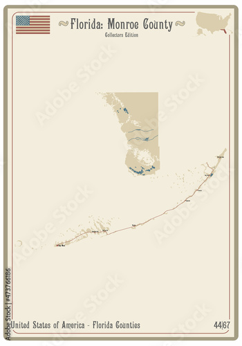Map on an old playing card of Monroe county in Florida, USA.