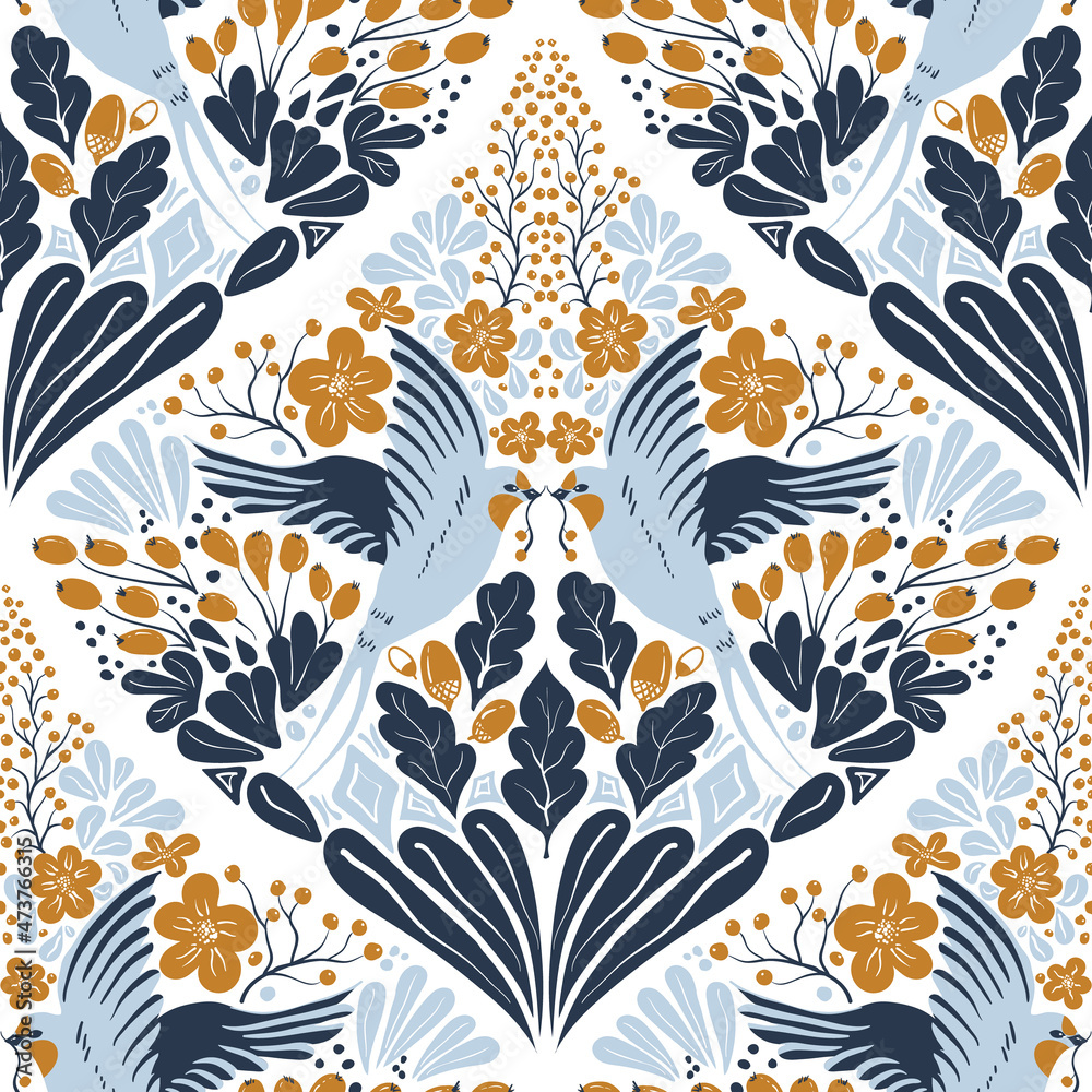 Vector seamless pattern with hand-draw birds. Symmetrical pattern with swallows, berries and flowers in yellow and blue colors.