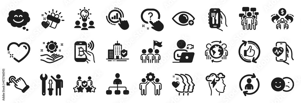 Set of People icons, such as Employees teamwork, Business idea, Smile chat icons. Heart, Employee hand, Person info signs. Security agency, Leadership, Global business. Question button. Vector Set of People icons, such as Employees teamwork, Business idea, Smile chat icons. Heart, Employee hand, Person info signs. Security agency, Leadership, Global business. Question button. Vector