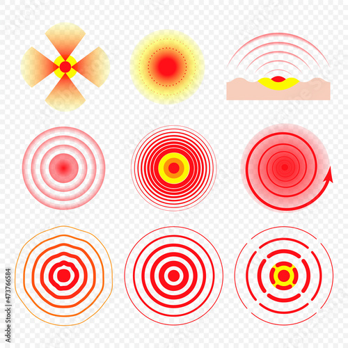 Pain circles, red indicators, targets, spots and round waves. Medical icons to illustrate health problems, disease focus. Set for pills packaging or advertising, instructions on how to take medication