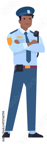 Man in police uniform crossed arms. Guard officer on duty